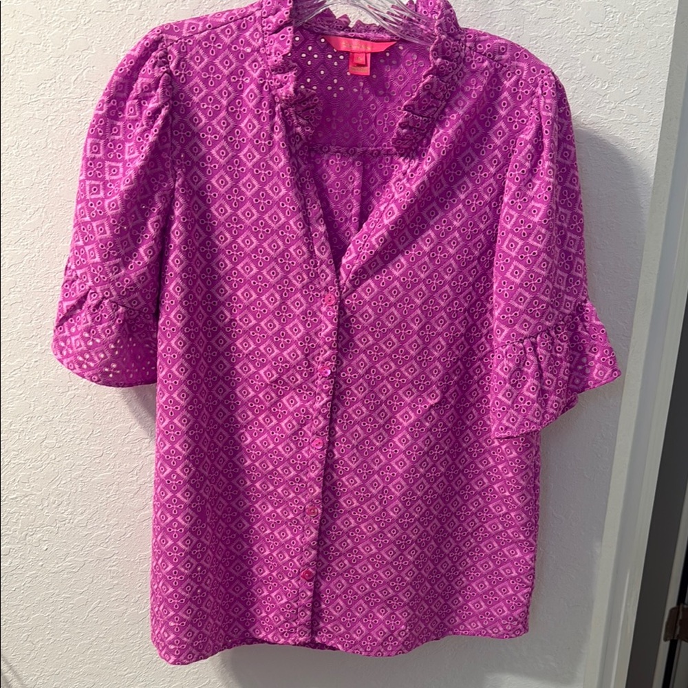 Women’s Pink Patterned Ruffle Sleeve Blouse